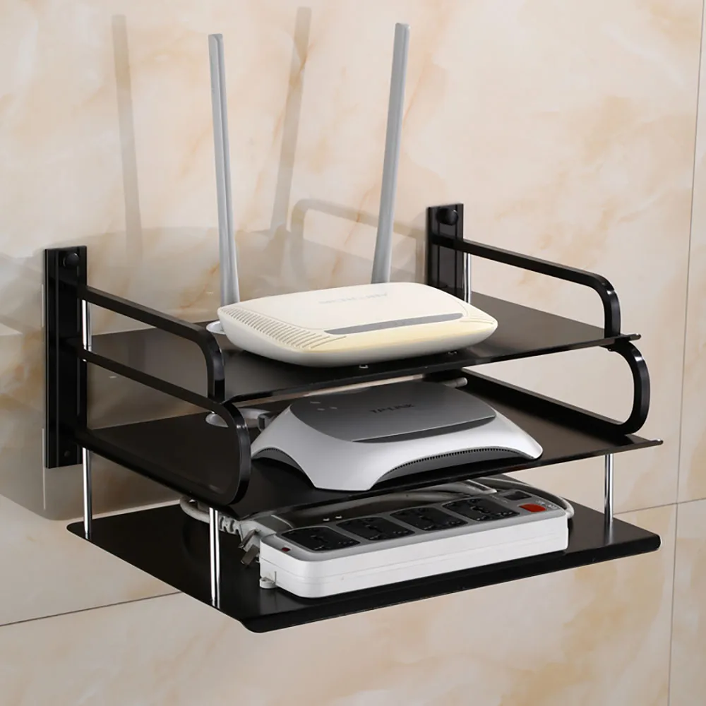 

New Black Metal Wall Mounting Wifi Router Shelf Storage Boxes Cable Power Plus Wire Bracket Storage Box TV Set-Top Box Shelf Box