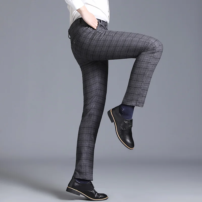 Мужские брюки в клетку деловые повседневные облегающие до щиколотки