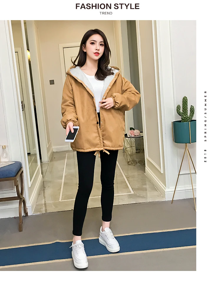 New Style Korean-style Loose-Fit Students Printed Brushed And Thick Hooded Mid-length Lambs Wool Coat Tops
