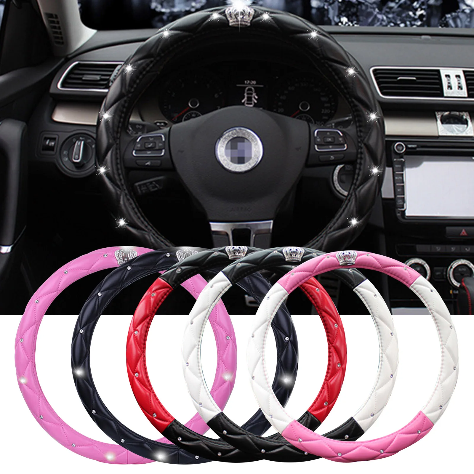 

PU Leather Car Steering Wheel Cover Diamond Black Pink Auto Wheel Covers Cases for Women Lady Girls Fashion Car Accessories