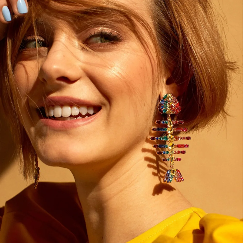 

RLOPAY New Arrival Fashion Women Ladies Colorful Dangle Fish Bone Earrings Rhinestone Decoration Oversized Drop Earrings