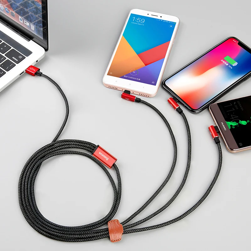 Baseus 90 градусов USB кабель для iPhone X Xr Xs 8 зарядное устройство провод шнур 3 в 1 Micro USB кабель type-c usb type C кабель адаптер