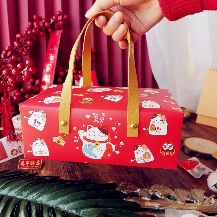 10PCS Happy lucky Cat Portable Paper Box Baking Tea Box Red Leather Handle box Wedding birthday gift holiday packaging Handbag 10PCS Happy lucky Cat Portable Paper Box Baking Tea Box Red Leather Handle box Wedding birthday gift holiday packaging Handbag