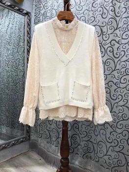 

2020 autumn and winter new women's stand-up collar lace embroidery long-sleeved top + V-neck symmetrical pocket knitted vest set