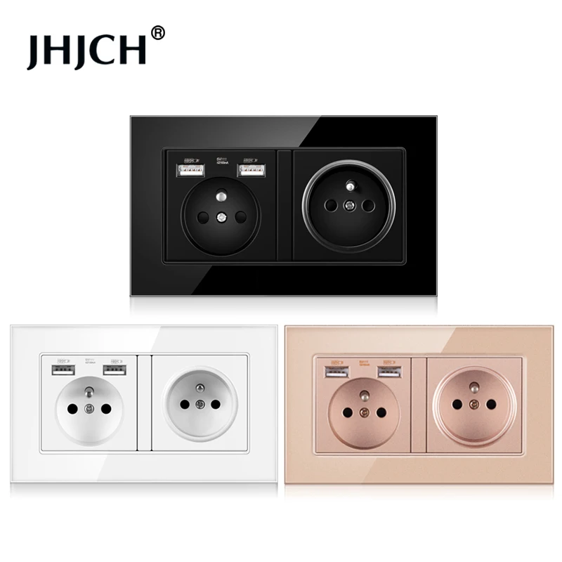 

JHJCH grounded wall power socket, 16A French plug, with USB socket plate, 146 glass panel, hidden LED indicator