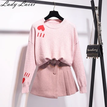 

Autumn Winter Outfits Pink 2 Pieces Set Women Sweet Heart print Loose Pullover Sweater Top + Belt Wool Pleated A-Line Skirt Set