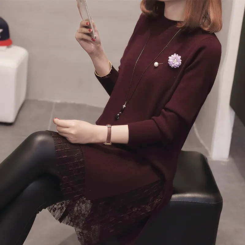 Fashion lace pleated dress top autumn new dress women's long sleeve straight cute split dress