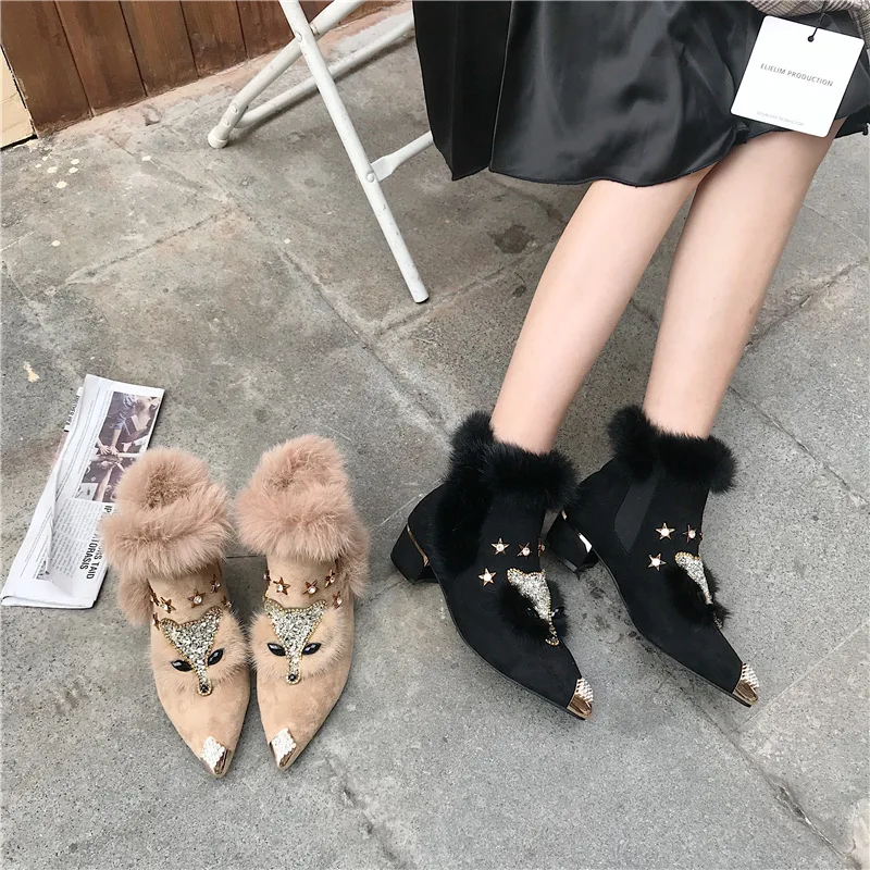 

Shoes Bootee Woman 2019 Women's Mid Calf Boots Luxury Designer Lace Up Low Heels booties Booties Ladies Plush Fashion Rubber