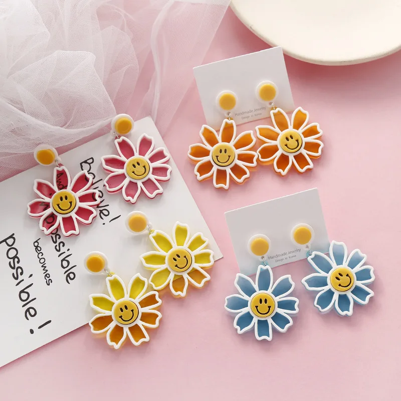 

2019 Korean Big Clear Acrylic Flower Drop Earrings For Women Bohemian Sunflower Statement Dangle Earring Boho Jewelry