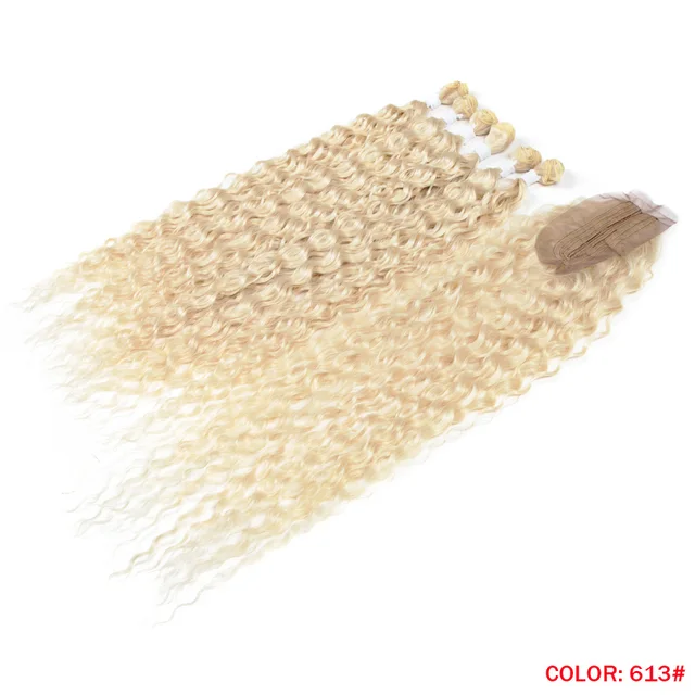 Nature Hair Afro Kinky Curly Hair Bundles Extensions With Closure Ombre Golden 30inch Soft Super Long Hair Synthetic Wave Hair #613