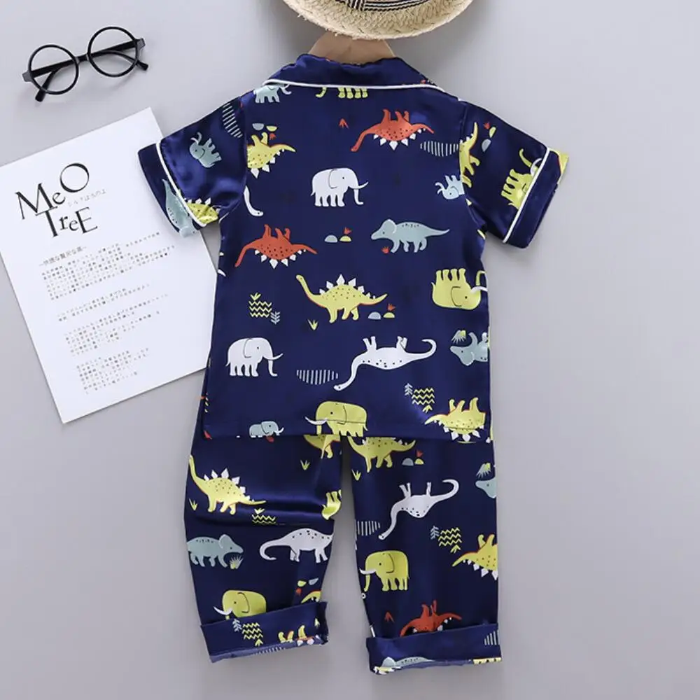 Children's Pajamas Set Summer Baby Suit Kids Clothes Toddler Boys Girls Lce Silk Satin Cartoon Printing Tops Pants 2pc Home Wear children's robe and slipper set