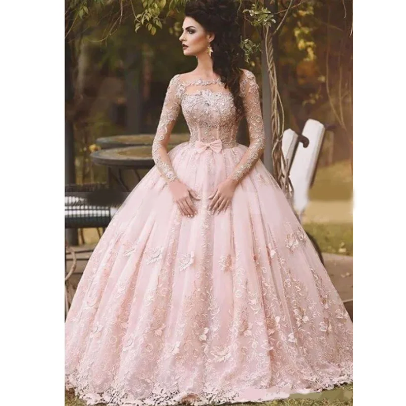same as pic Vestidos, Розовое Кружевное бальное платье, бальное платье, бальное платье с длинным рукавом, вырез лодочкой, 3D Флора, принцесса, свадебные платья, Арабский Дубай - Цвет: same as pic