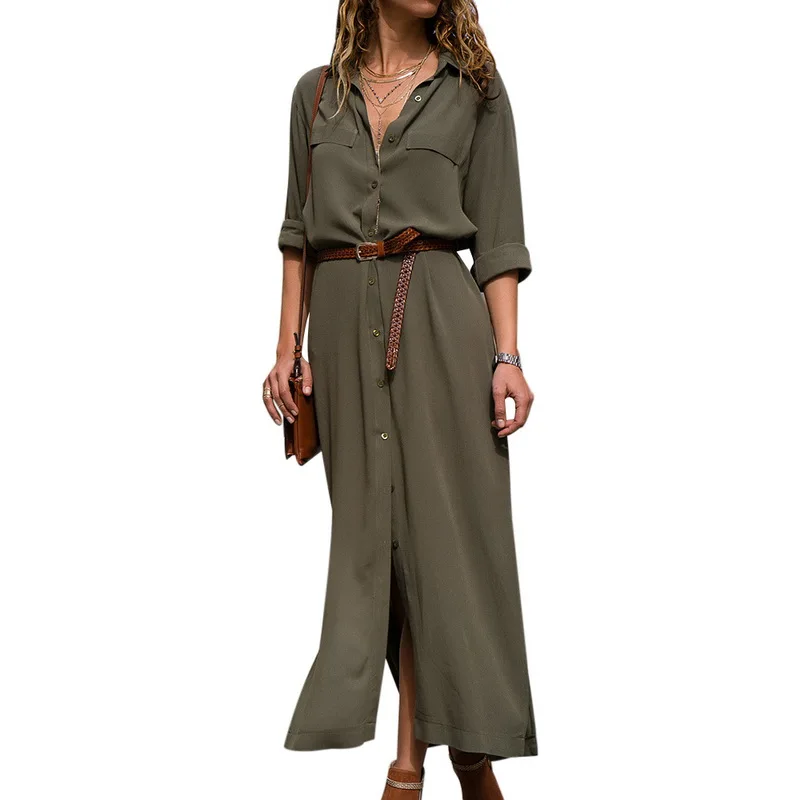 Осеннее женское платье средней длины с длинным рукавом блузка рубашка поясом