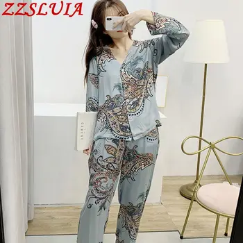 

Elegant pajamas sets V neck printed designer sleepwear sets long sleeve pants comfortable homewear suits female