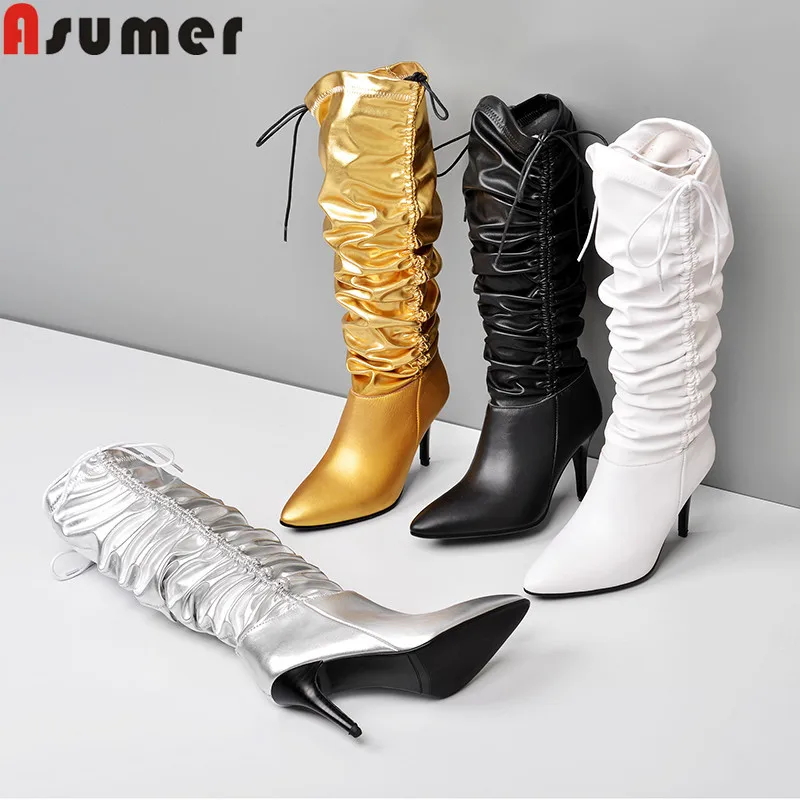 ASUMER/Большие размеры 34-43; модные ботинки до середины икры; женские ботинки из натуральной кожи; пикантные осенне-зимние ботинки на молнии на высоком каблуке для выпускного вечера
