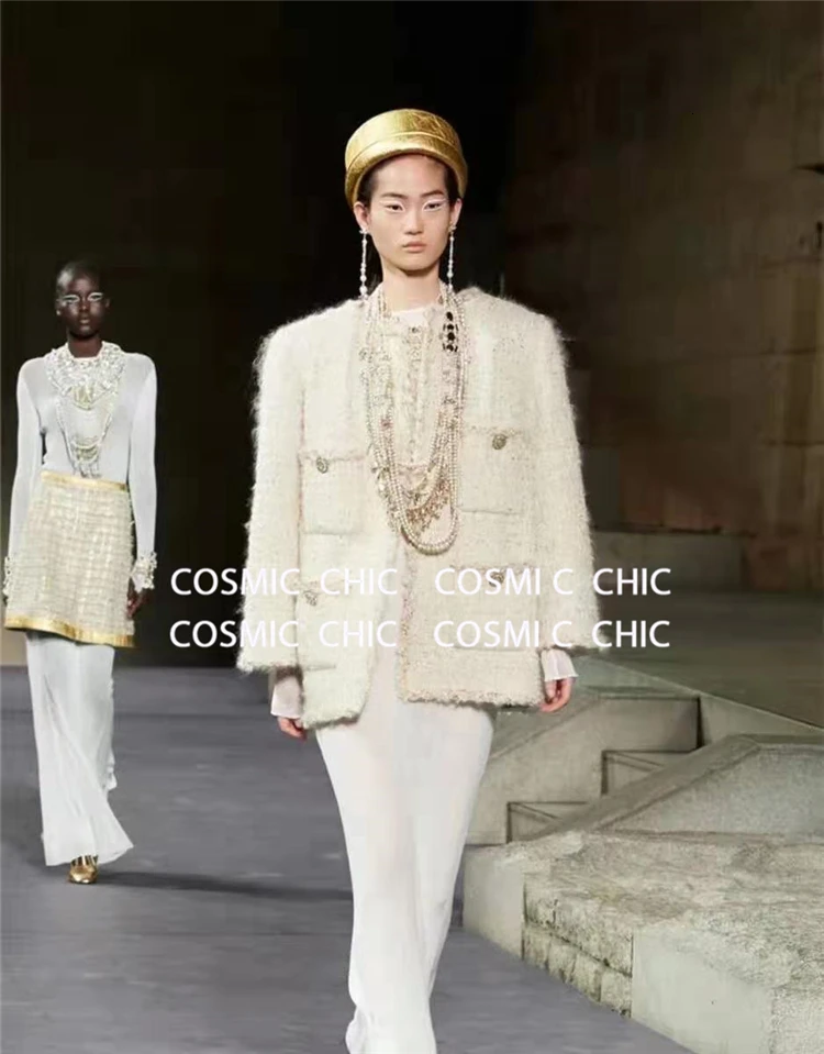 Cosmicchic, женское осеннее элегантное белое короткое пальто, роскошная шерстяная твидовая куртка с длинным рукавом, золотая нить, плетение, OL, Женская куртка