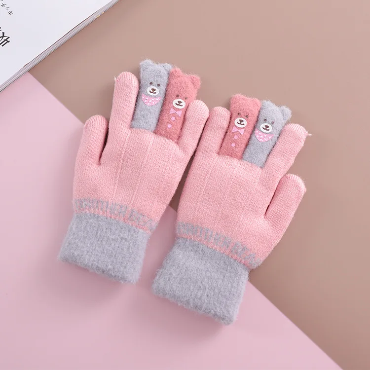 pink Высокое качество, Зимние Детские двойные толстые теплые перчатки, вязаные бархатные перчатки, вязаные перчатки для мальчиков и девочек, детские От 6 до 10 лет - Color: pink