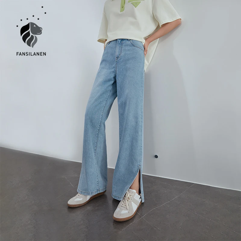 FANSILANEN jeans Casual a gamba larga con spacco laterale donna jeans  larghi blu a vita alta pantaloni estivi vintage femminili oversize 2021 -  AliExpress Women's Clothing