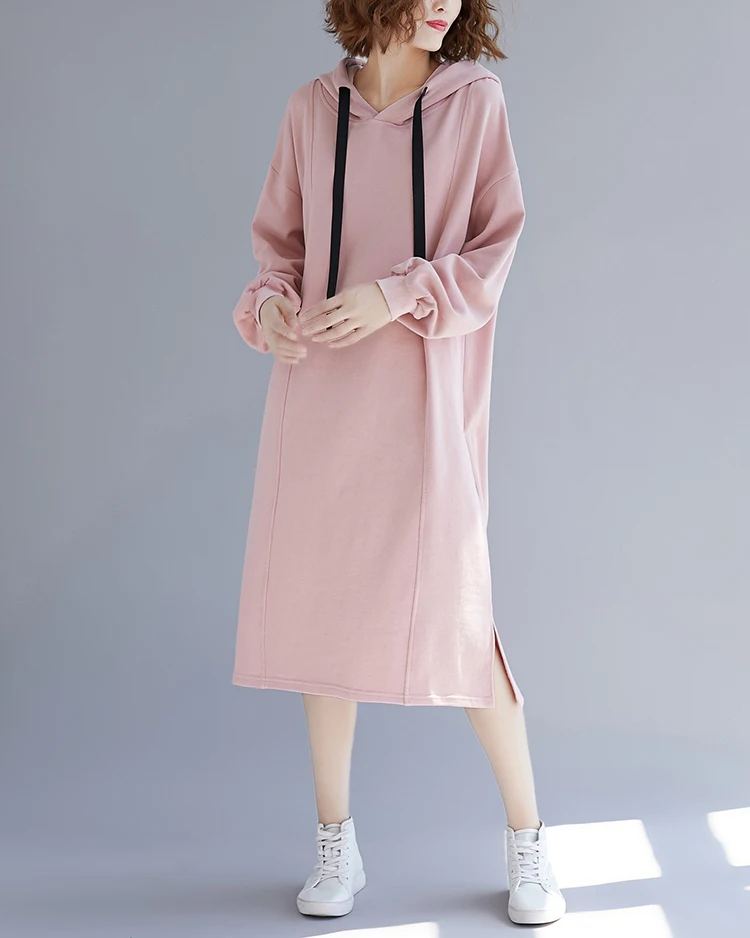 Осеннее новое платье с капюшоном для женщин плюс размер хлопок длинный свитер с капюшоном большого размера, с длинным рукавом винтажные розовые пуловеры Топы 5XL