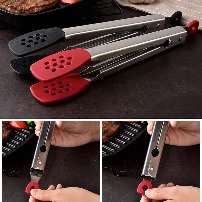 Non-Stick Silicone Steak Tongs Stainless Steel Cake Bread Tong Salad Serving Food Tongs Non-Slip Grilling Cooking Clamp Bbq Tool