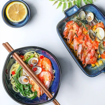 

Retro Ceramic Tableware Binaural Baking Tray Chopsticks Bowl High Temperature Resistance Fruit Salad Dish Process Tableware