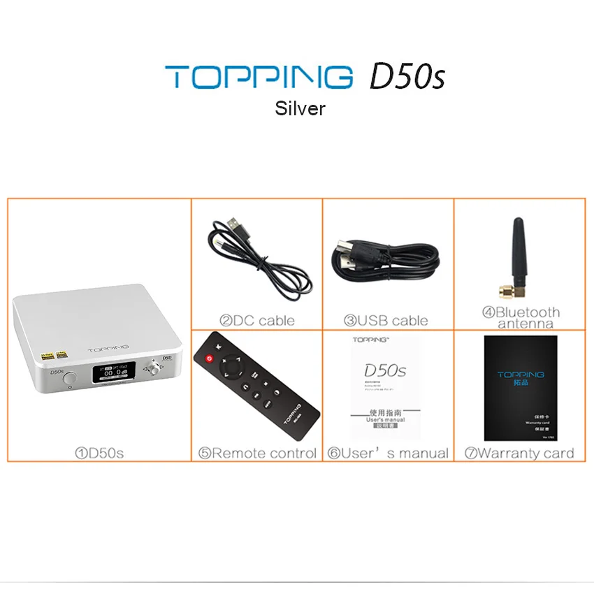 Серебристый Топпинг D50S CSR8675 Bluetooth 5,0 ES9038Q2M декодирование аудио USB DAC XMOS XU208 DSD512 32 бит/768 кГц OPA1612 USB/OPT/коаксиальный вход - Цвет: Серебристый