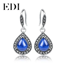 EDI винтажные тайские серебряные серьги 1,4*3,5 см имитация граната сапфир 925 Серебряный Драгоценный камень бренд висячие серьги женские ювелирные изделия