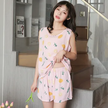 

Pajama Women's Summer Vest Short Pants Suit Cotton Short Sleeve Two Piece Set Plus Size Home Clothes Multi Color Sleepwear