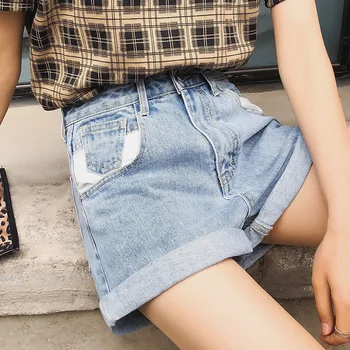 

Smoke Gray Loose Shorts Women Summer Color Stitching Denim Shorts Curled A Line High Waist Wide Leg Pants