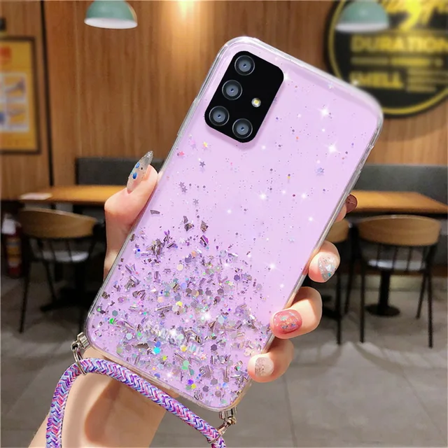 With Neck Strap Rope Cord Clear Glitter Case For Samsung S20 FE A51 A50 A71 A52 A72 A21S A31 A70 S21 Ultra S10 Plus M52 A12 A32 Purple