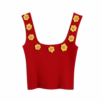 

2020 Women Sweet Fashion Floral Appliques Short Knitted Vest Vintage Sleeveless Sweater Girls Chic Jumpers