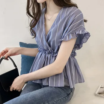 

Sweet Ruffles Shirt Summer Blouse Elegant Women Blouse Fashion Short Butterfly Sleeve Elegant Striped V-Neck Shirt Tops