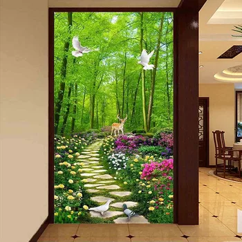

Custom Photo Wallpaper Green Forest Stone Road Floral Pastoral Mural Entrance Corridor Wall Decor Painting Papel De Parede 3D
