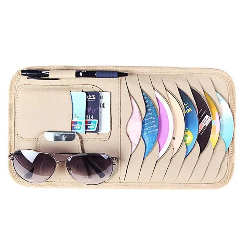 Car internal storage bag Luxurious Leather Sun Visor Shade CD DVD Holder Bag Cards Pocket Black