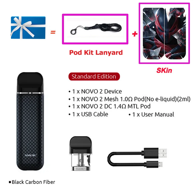 SMOK NOVO 2 Pod Vape комплект 800 мАч батарея 2 мл картридж Pod система электронная сигарета испаритель стартовый Vape комплект VS SMOK Nord - Цвет: Black Carbon Fiber