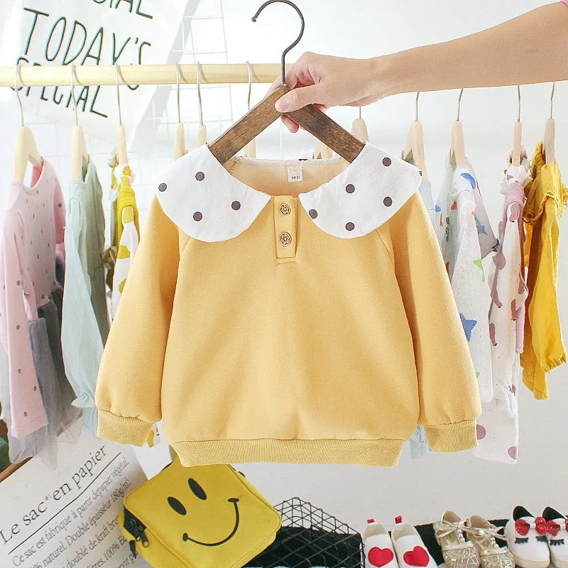 Yellow Коллекция года, осенне-зимняя детская футболка топы для девочек, детский бархатный пуловер с воротником в горошек и ушками футболки с длинными рукавами, S9999 - Цвет: Yellow