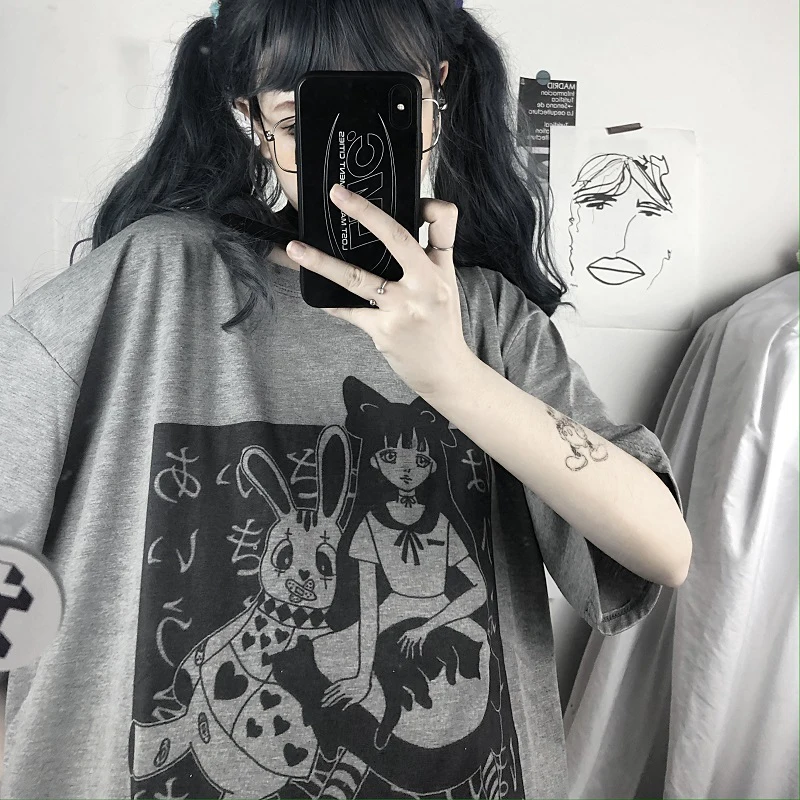 Harajuku Aesthetic Gothic Punk Cartoon Short Sleeve O Neck Tops Women T Shirts Dropshipping Summer Loose Oversize Street Clothes