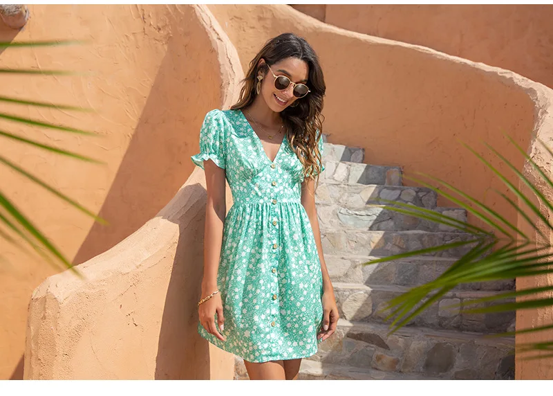 Women Short Sleeve Floral Mini Dress Casual Green Print Puff Sleeve Dresses Summer 2021 Ladies Sexy V Neck Button Beach Dress