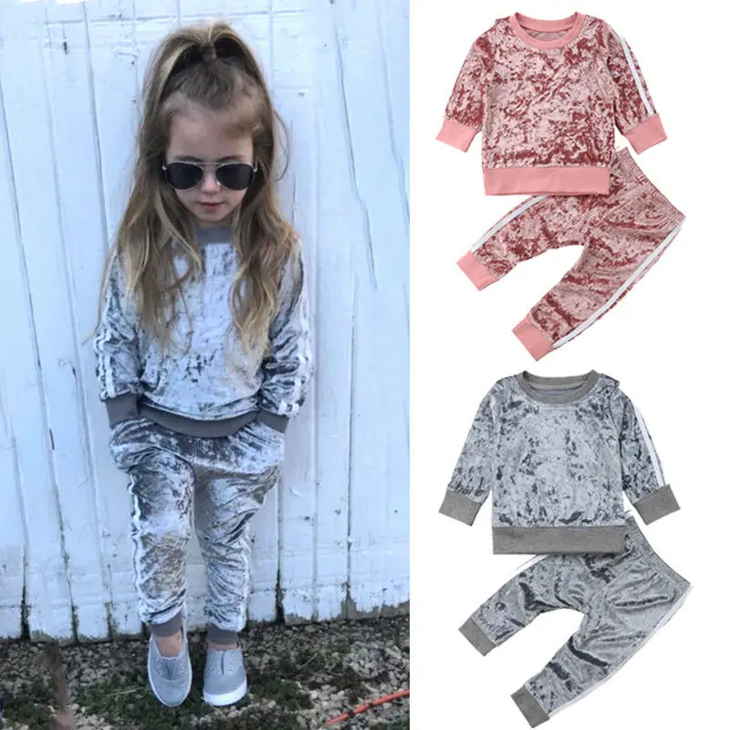 

2019 Autumn Winter Velvet Kids Baby Girls Clothes Sets Solid Long Sleeve T-shirt Tops + Pants 2PCS Outfit Sets 1-5T Dropshipping