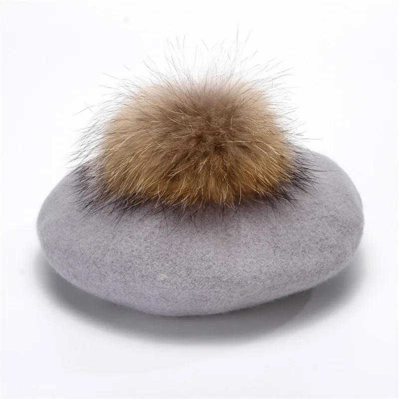 Натуральный мех помпон берет для девочек шапка детская шляпа из шерсти зимняя детская шапочка - Цвет: grey