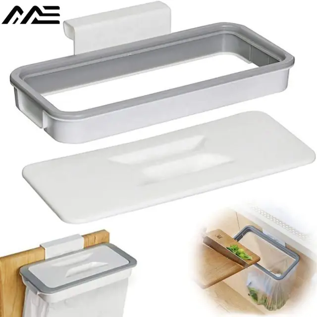 Kitchen Cabinet Door Trash Rack Hanging Storage Rack Trash Bag Hanger Kitchen Trash Can Plastic Bag Holder Storage Bag kitchen white
