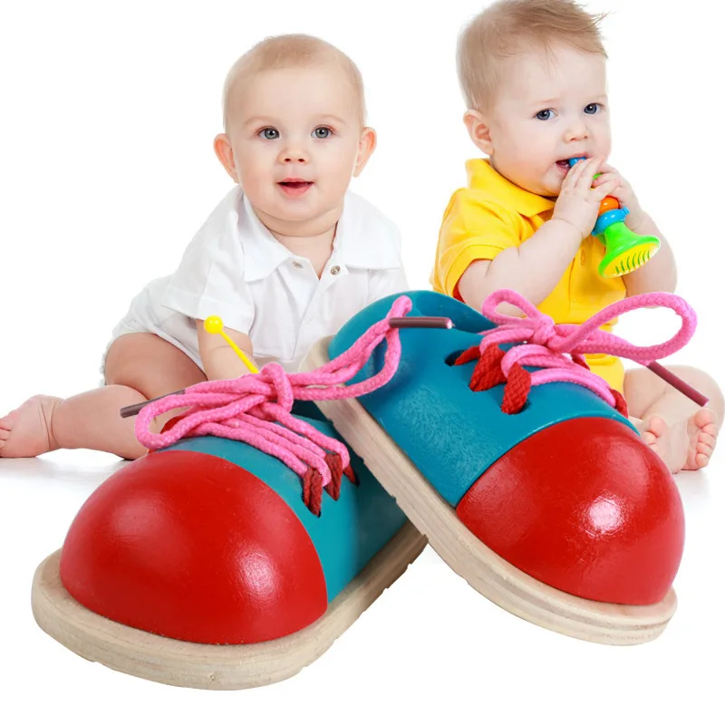 1 Pcs Kids Montessori Learning Educational Toys Children Wooden Toys Toddler Lacing Shoes Early Montessori Teaching Aids