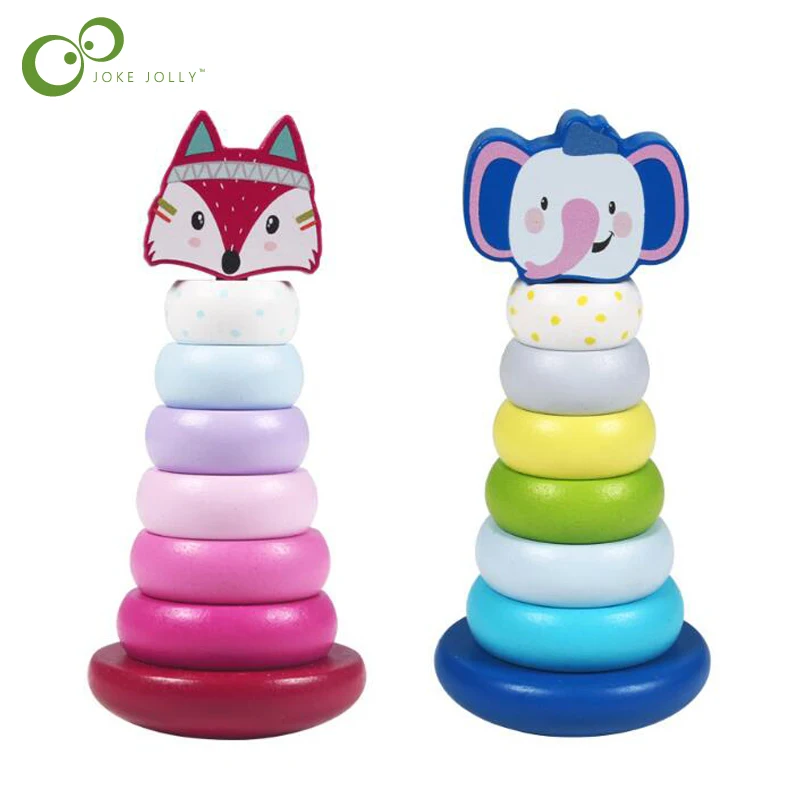 

Animal Rainbow Stacking Ring Tower Stapelring Blocks Baby Montessori Toys Early Education Teaching Aids Wood Toddler Toy GYH