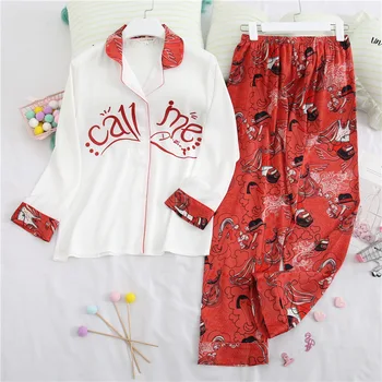 

Sexy Red Women Rayon 2PCS Print Cartoons Pajams Sets Bride Wedding Pyjamas Sleepwear Lingerie Spring Autumn Loung Home Nightwear