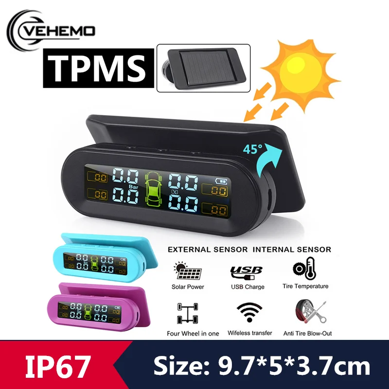 VEHEMO Wireless TPMS Digital Tire Pressure Dashboard Windshield 3 Colors With 4 External Sensor Tire Pressure Anti-Explosion Gau