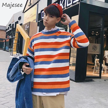 

Men Sweaters Pullovers Striped O-neck Long Sleeve Simple All-match Leisure Mens Korean Style Harajuku Loose BF Chic Streetwear
