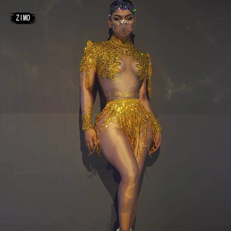 

sparkly Rhinestone Sequin Tassel gold Bodysuit Long Sleeve Fringe Dance Costumes Sexy Nightclub Bar DJ Singer Stage Wear romper