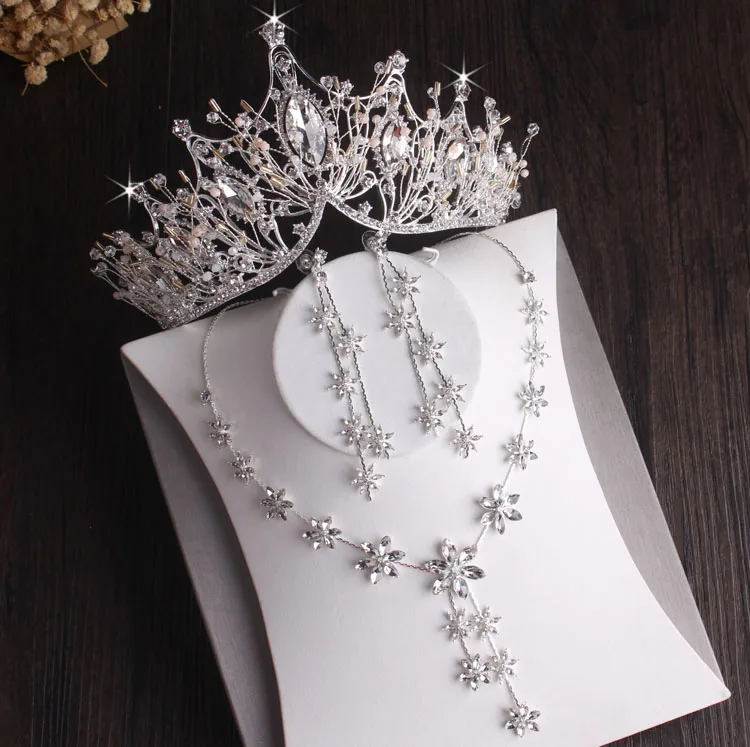 Baroque Silver Color Crystal Leaf Bridal Jewelry Sets Rhinestone Crown Tiaras Choker Necklace Earring African Beads Jewelry Set bridal jewelry sets