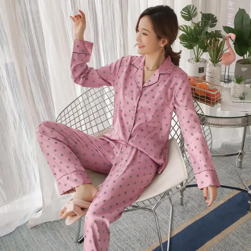 

Korean-style Imitated Silk Pajamas Women's Sweet Spring And Summer-Silk Long Sleeve Pajamas Cardigan Suit Thin Women's Home Wear