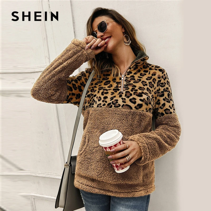 SHEIN фланелевый контрастный Леопардовый свитер на молнии с плюшевой подкладкой, пуловер для женщин на осень и зиму, повседневные толстовки с воротником-стойкой